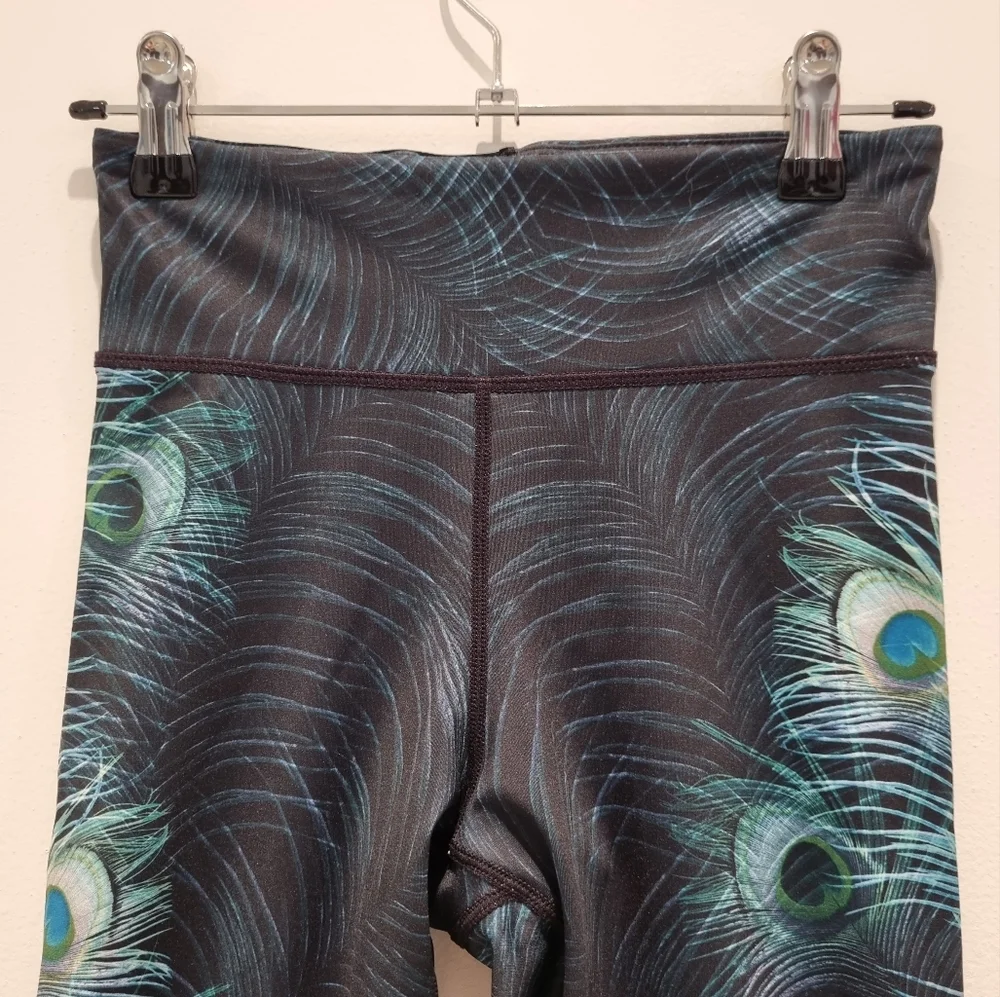 DHARMA BUMS Black Tights/Leggings with Teal Peacock Feather Print, Size XS - Picture 2 of 6